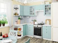 Небольшая угловая кухня в голубом и белом цвете Челябинск